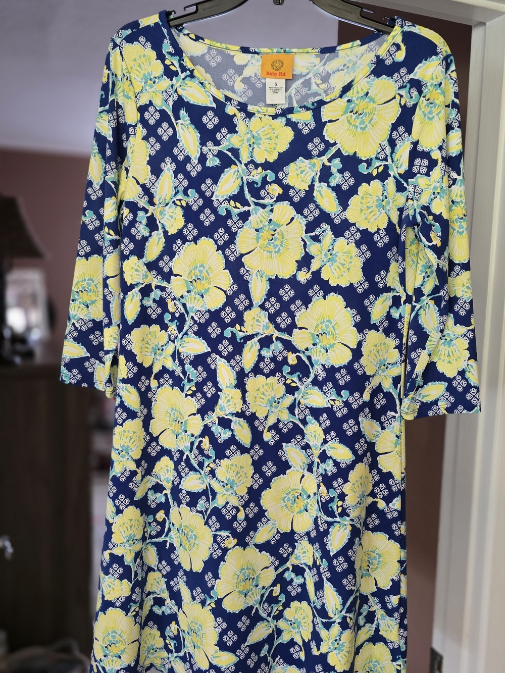 Ruby Rd. Navy and Yellow Floral Long Sleeve Dress